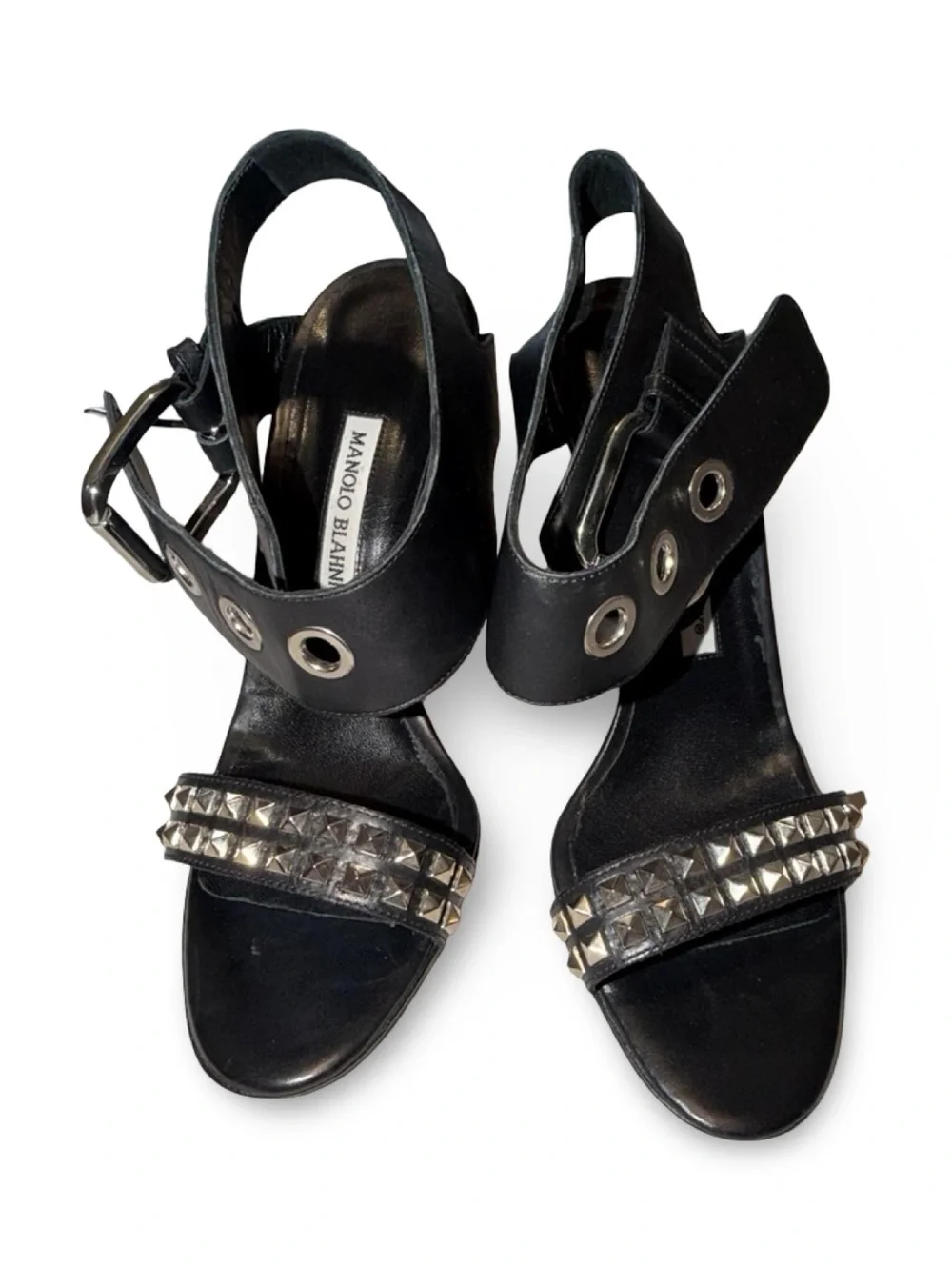 Manolo Blahnik Black Studded Leather‎ Buckle Ankle Strap Sandals, 38